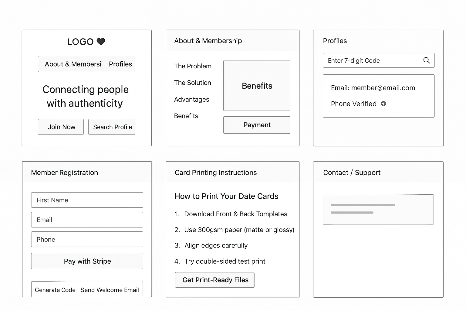 The Date Card website wireframe layout